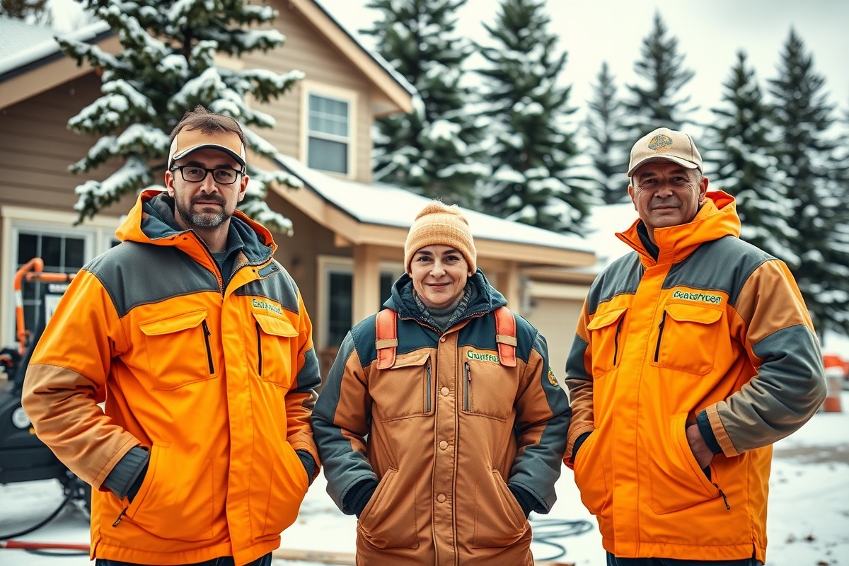 Spray foam insulation crew standing in front of a snow-dusted home near Show Low, Arizona