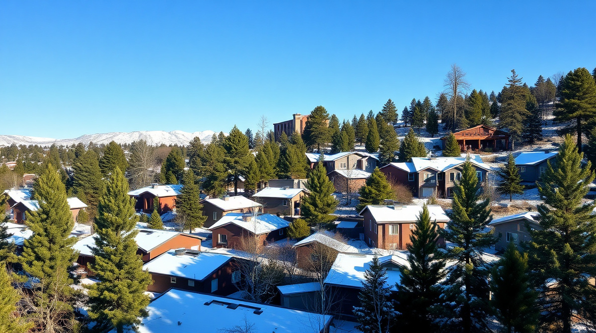 Snow-dusted residential neighborhood surrounded by ponderosa pine trees near Show Low, Arizona