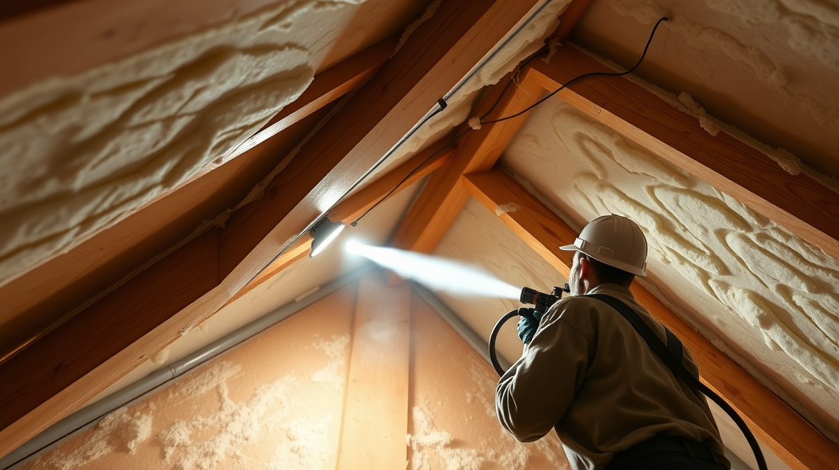 Technician spraying foam insulation onto an attic roof deck